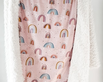 Large Youth Blanket. Adult Blanket. Pink Rainbows. Faux Fur Throw. Minky Blanket. Dream Custom Blanket. Home Decor. Gift for girls.