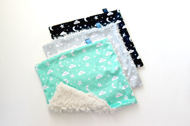 Personalized Lovey Mini Baby Blanket Baby Shower Gift. Security Blanket Aqua Cloud Moons Faux Fur Lovey Minky Lovie Dream Lovie