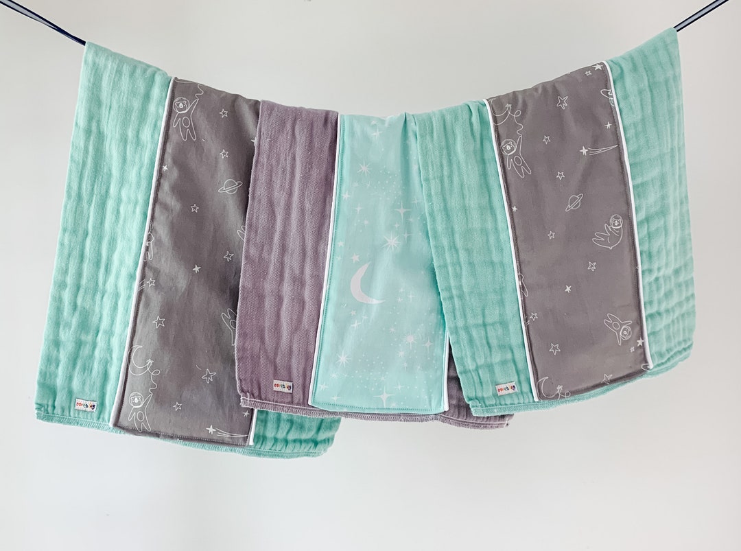 Baby Burp Cloth Set of 3, Gray Space Bears, Aqua Moon and Stars, Hand