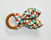 Organic Wood Teething Ring/Crinkle Toy, Aqua/Orange Triangle Organic Cotton Knit with Unbleached Organic Bamboo Terry, Ready to Ship