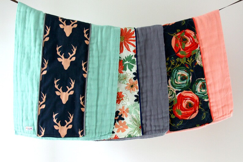 Coral Woodland Floral Black Newborn Burp Rag Baby Gift Hand Dyed Burp Cloths Baby Essentials Baby Burp Cloth Set of 3