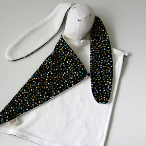 Organic Lovey.  Bunny Lovey. Animal Lovie. Navy Confetti. Security Blanket. Mini Baby Blanket. Personalized Lovie. Baby Essentials.