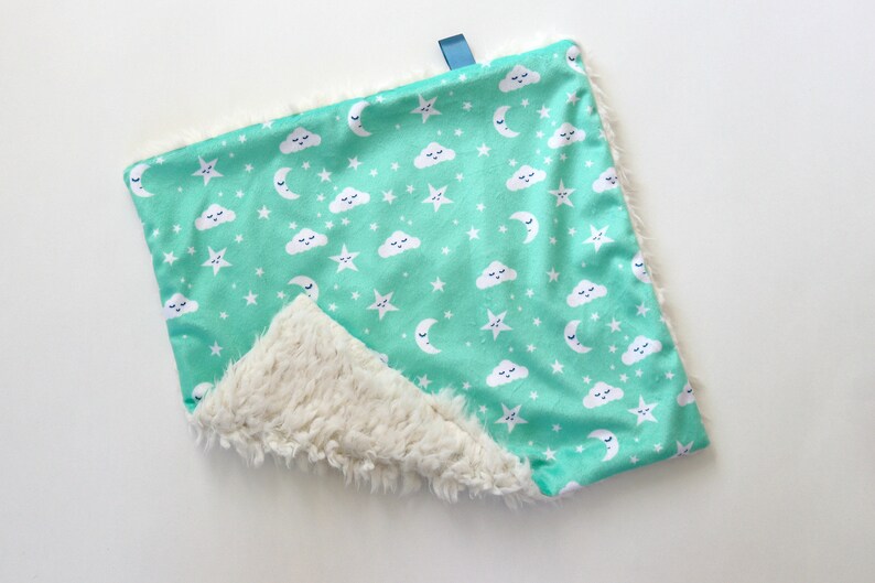 Personalized Lovey Mini Baby Blanket Baby Shower Gift. Security Blanket Aqua Cloud Moons Faux Fur Lovey Minky Lovie Dream Lovie