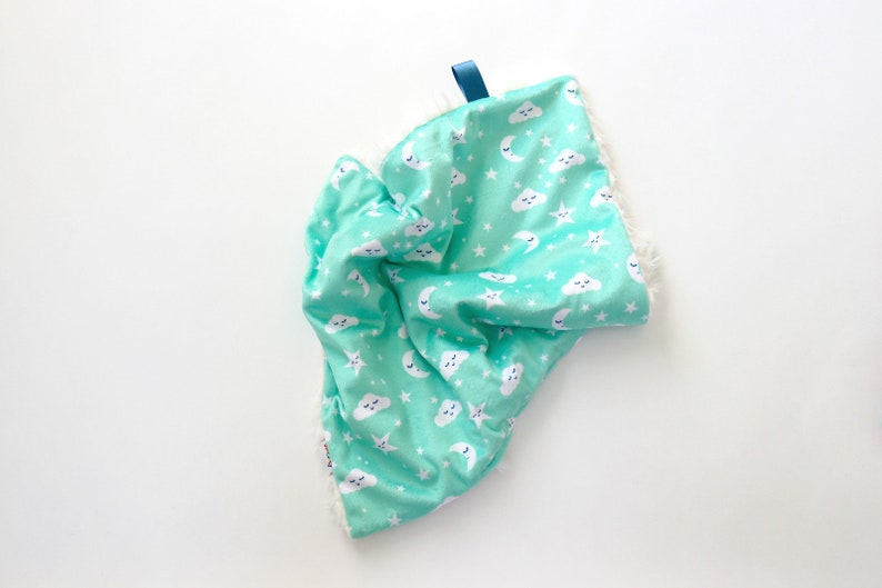 Personalized Lovey Mini Baby Blanket Baby Shower Gift. Security Blanket Aqua Cloud Moons Faux Fur Lovey Minky Lovie Dream Lovie