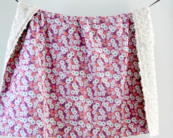 Large Baby/Toddler Blanket, Purple Daisies with Sand Minky Swirl, Ready to Ship
