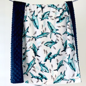 Baby Blanket Sharks With Navy. Baby Blanket. Minky Baby Blanket. Navy Baby Blanket. Stroller Blanket. Carseat Blanket. Baby Shower Gift