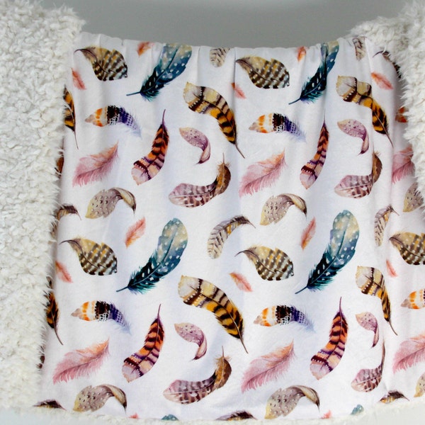 NEW! Dream Blanket, Boho Feathers Colorful Minky with Ivory Faux Fur