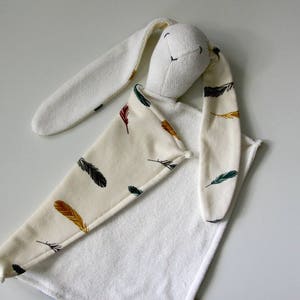 Organic Lovey.  Bunny Lovey. Animal Lovie. Colorful Feathers. Security Blanket. Mini Baby Blanket. Personalized Lovie. Baby Essentials.