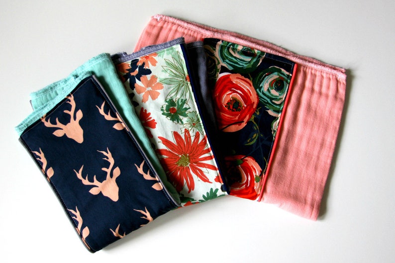 Coral Woodland Floral Black Newborn Burp Rag Baby Gift Hand Dyed Burp Cloths Baby Essentials Baby Burp Cloth Set of 3