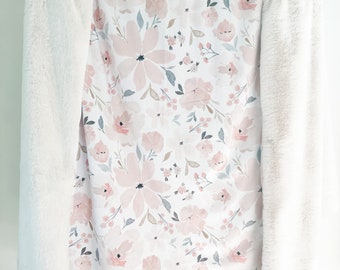 Throw Blanket. Blush Pink Faux Fur Throw. Light Pink Floral. Blanket. Minky Blanket. Minky Throw Blanket. Gift for Her. Home Gift. Host Gift