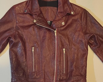 Women's CH Burgundy Crinkled Leather Biker Moto Jacket 3/4 sleeve XS