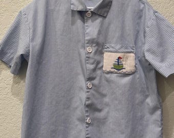 Vive La Fete Blue/White Stripe Smocked Embroidered Boat Boys Size 5