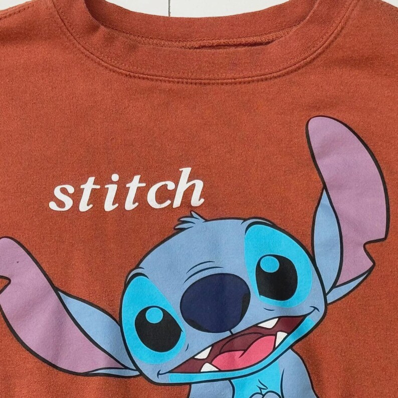 Puede incluir: Sudadera de color &oacute;xido con cuello redondo que presenta un personaje de dibujos animados con detalles en azul, morado y negro. La palabra "stitch" est&aacute; impresa en blanco. El personaje tiene orejas grandes y una amplia sonrisa.