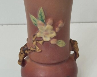 Jarrón de cerámica vintage Roseville Apple Blossom Pink 1949 Art Pottery 381-6