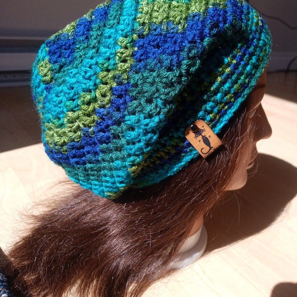 Navy-Turquoise Blues-Med. Olive Green-Dark Green-SLOUCHIE BEANIE-Color-Cool Waters-Winter-Fall Hat-Boho-Baggy Hat- Slouch-Crochet-Size-M/L-