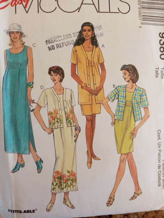 Misses' DRESS & JACKET-McCall's Sewing Pattern #9380-2 Lengths-Size: 8-12-UNCUT-Easy-Empire Waist Dress-Short Sleeved Jacket Misses' DRESS & JACKET-McCall's Sewing Pattern #9380-2 Lengths-Size: 8-12-UNCUT-Easy-Empire Waist Dress-Short Sleeved Jacket