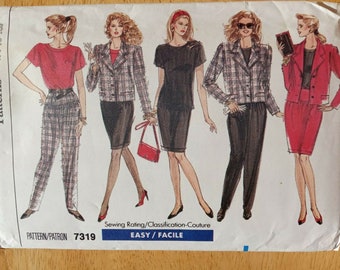 Misses' Jacket, Top, Skirt & Pants-Vogue Sewing Pattern #7319-Size: 14-18-Uncut-EASY-Wardrobe-Loose-fitting Jacket-Zippered Skirt-Slacks