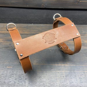 May include: A brown leather dog harness with silver metal hardware. The harness features a wide chest strap with an embossed design and is secured with rivets and adjustable buckles. The harness has two D-rings for leash attachment.