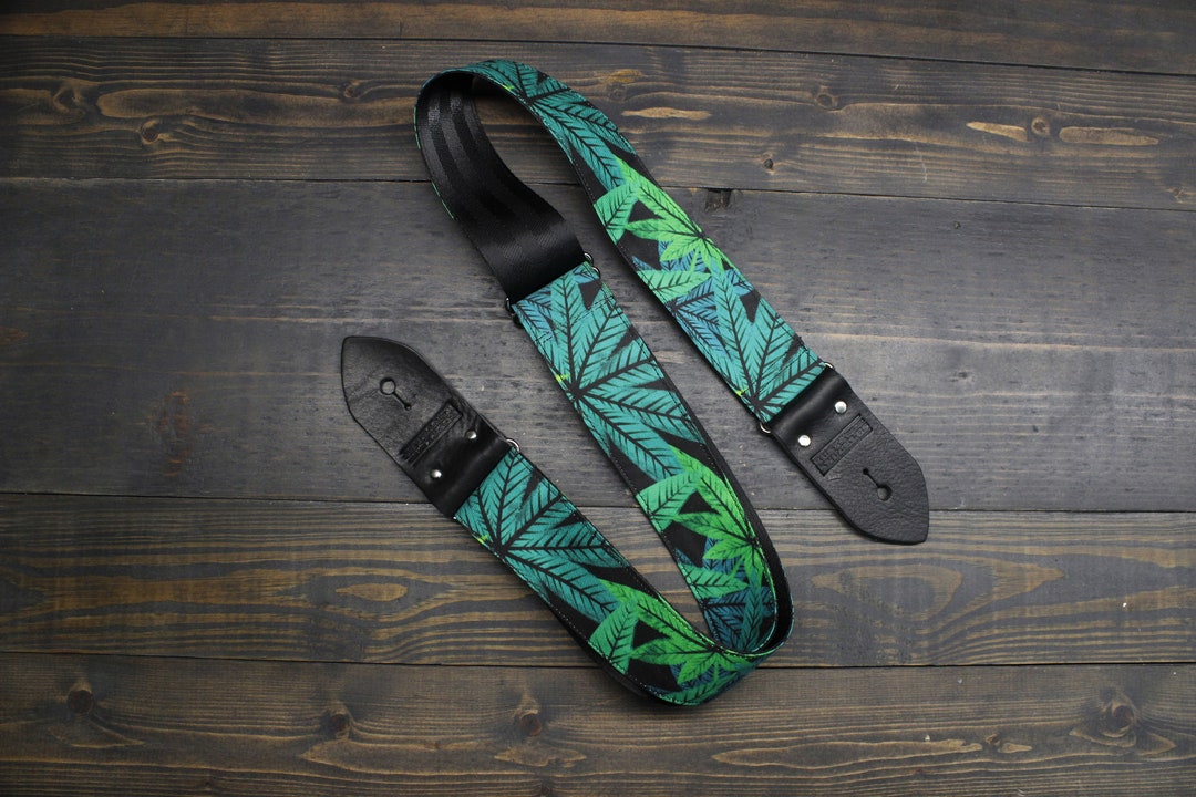 Guitar Strap With Green Weed Marijuana Illustration Made on Custom Printed Fabric and Seat Belt