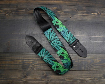 Guitar Strap with Green Weed Marijuana Illustration Made On Custom Printed Fabric and Seat Belt Material | Adjustable | Gift for Musician