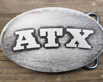 ATX Custom Metal Belt Buckle | Austin, Texas | Customize with your City or Your Name | Great Gift | Music City Custom Buckle | Made in USA