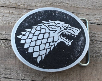 House Of Stark Metal Belt Buckle That is Custom Made With Etched Metal | Sigil, Cosplay, Pagan, Game Of Thrones, Halloween, Warrior, Wolf