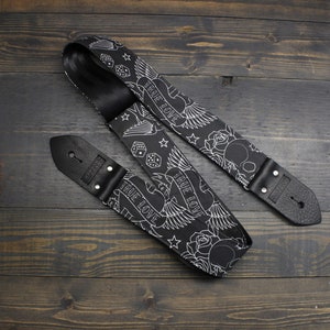 Guitar Strap with Tattoo Flash Illustration Made On Custom Printed Fabric and Seat Belt Material Adjustable Gift for Musician Black image 1