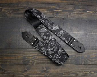 Guitar Strap with Tattoo Flash Illustration Made On Custom Printed Fabric and Seat Belt Material | Adjustable | Gift for Musician | Black