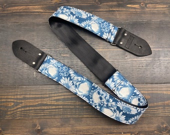Guitar Strap with Skull and Flowers in Blue and White Floral Illustration Made On Custom Printed Fabric and Seat Belt Material