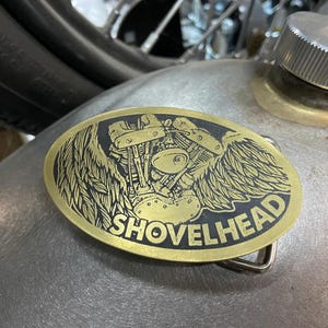 Shovelhead Custom Belt Buckle In Solid Brass. Handmade In USA And Built To Last