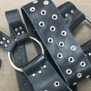 Black Leather Guitar Strap with Eyelets and Large Rings for Custom Look - Unique Guitar Strap - Made in USA - Heavy Metal, Punk
