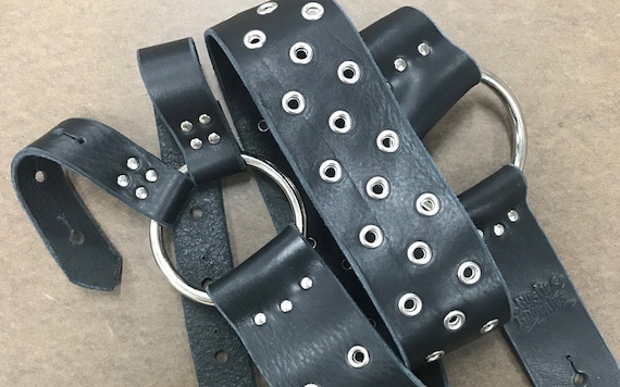 Black Leather Guitar Strap With Eyelets and Large Rings for Custom