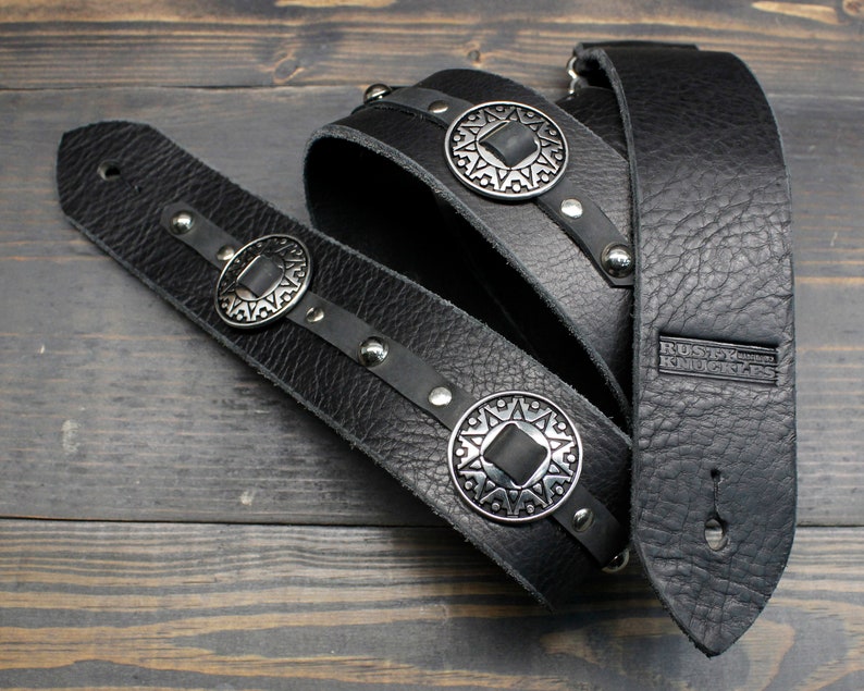 Black Leather Guitar Strap With Western Style Round Star Etsy UK