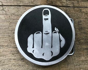 Middle Finger Belt Buckle Made of Etched Metal | Custom Belt Buckle | Funny Gift | Punk Rock | Handmade in USA | Solid Metal