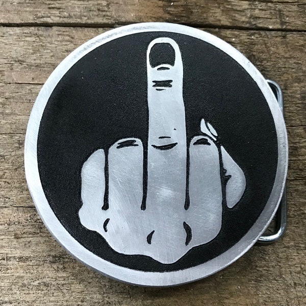 Middle Finger Belt Buckle Made of Etched Metal | Custom Belt Buckle | Funny Gift | Punk Rock | Handmade in USA | Solid Metal