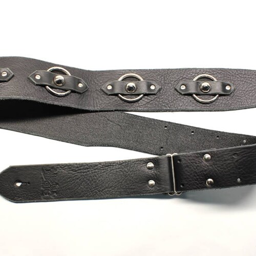 Black Leather Guitar Strap With Steel Ring and Stud Custom - Etsy