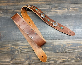 Two Tone Brown Leather Guitar Strap, With Round Western Sun Conchos, Turquoise And Rivets