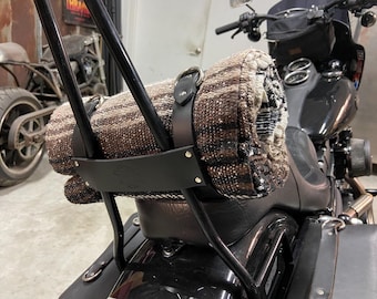 Motorcycle Bed or Jacket Roll Made With Black Leather Straps - Mexican Blanket - Shovelhead, Panhead, Harley Davidson, Chopper | Made In USA