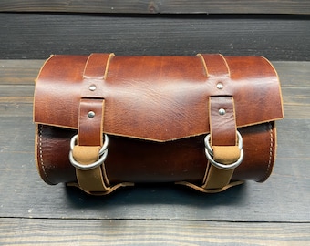 Bomber Brown Leather Motorcycle Tool Bag Designed To Be The Perfect Accessory Bag For Your Harley Davidson, Indian Or Custom Bike