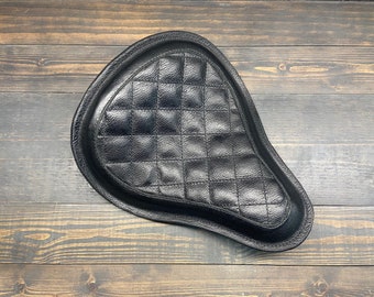 Motorcycle Seat In Black Diamond Stitched Leather, Hand Made For Your Bobber, Chopper or Custom Bike, Made In USA