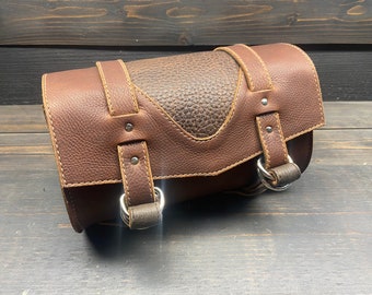 Motorcycle Tool Bag In Two Tone Brown Leather. Designed To Be The Perfect Accessory Bag For Your Harley Davidson, Indian Or Custom Bike.
