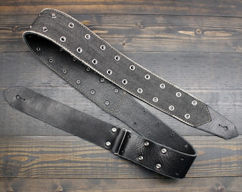 Black Leather and Denim Guitar Strap Made With Eyelets and Vintage Denim For A True Custom Look | Gift for Musician | Vintage | Adjustable
