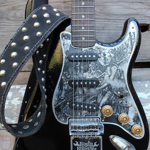 Guitar Strap, Heavy Metal Style Made From Black Leather and Vintage Denim - Studs, Metal, Vintage, Unique, Custom, Studded, Punk, Hardcore