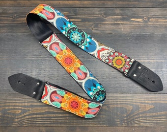 Guitar Strap with Colorful Illustration Made On Custom Printed Fabric and Seat Belt Material | Adjustable | Gift for Musician