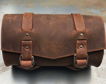 Custom Brown Leather Motorcycle Tool Bag Designed To Be The Perfect Accessory Bag For Your Harley Davidson, Indian Or Custom Bike