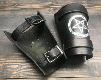 Leather Bracers with Etched Pentagram on Aluminum Plate - Goth, Punk, Witch, Pagan, Heavy Metal - Made In USA - Arm Guard Gauntlet