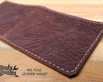 Men's Embossed Brown Leather Wallet  | Handmade In USA | Bi-fold, Billfold, Durable, Classic