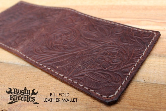 Mens Leather Wallet Brown Bi-Fold Billfold Antique Embossed USA Made