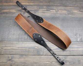 Banjo Strap In Brown Leather with Black Ends - Gift for Musician - Country Music, Americana Music, Bluegrass Music - Custom Made In The USA