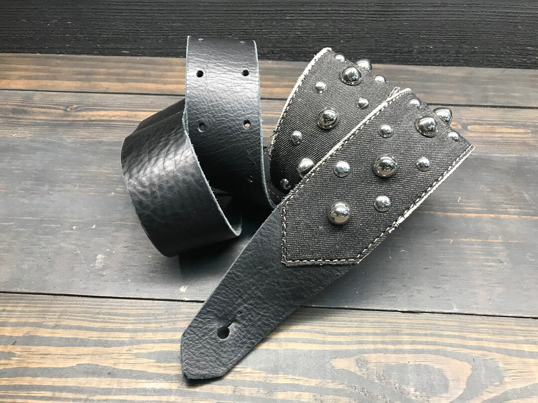 Black Leather Guitar Strap With Denim and Studs | Punk Rock Design ...